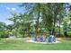 Community waterfront space with Adirondack chairs and picnic tables on a grassy lawn at 6090 River Chase Cir, Atlanta, GA 30328