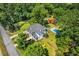 An aerial view of the house showing pool, barn, large yard, and surrounding trees at 205 Cobb St, Palmetto, GA 30268