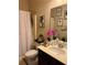 Bathroom featuring a vanity, decorative mirror, patterned shower curtain, and framed pictures at 2979 Dungeness Dr, Douglasville, GA 30135