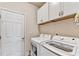 Convenient laundry room featuring white appliances and extra storage space with white cabinets above washer and dryer at 2325 Lake Cove Ct, Buford, GA 30519