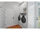 Well-lit laundry room with tiled floor, modern washer/dryer and storage at 619 Lovinggood Trl, Woodstock, GA 30189
