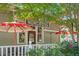 Charming storefront in Norcross, Georgia, featuring red umbrellas and lush greenery at 161 N Barton St, Norcross, GA 30071