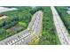 An aerial shot shows a townhome located in a community with close proximity to highway access and green wooded views at 315 Duval Dr, Alpharetta, GA 30009