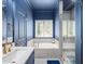 Modern bathroom with blue walls, a soaking tub, glass shower, and stylish fixtures at 3640 Pollys Blf, Cumming, GA 30028