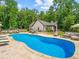 Inviting pool with lounge chairs, umbrellas, and a backyard with mature trees at 3640 Pollys Blf, Cumming, GA 30028