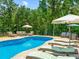 Beautiful backyard pool with lounge chairs, umbrellas and backyard seating surrounded by trees at 3640 Pollys Blf, Cumming, GA 30028