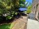 Cozy backyard patio featuring a blue umbrella, comfortable seating, a grill, and lush landscaping at 7825 Crownpoint Dr, Alpharetta, GA 30005