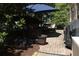 Outdoor patio with comfortable seating under a blue umbrella, perfect for relaxation and entertainment at 7825 Crownpoint Dr, Alpharetta, GA 30005