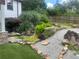 Lush backyard landscaping with diverse plants, decorative rocks, and a peaceful garden setting at 1570 Cedars Rd, Lawrenceville, GA 30045