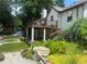 Landscaped backyard featuring a lush lawn, covered deck, and gravel area at 1570 Cedars Rd, Lawrenceville, GA 30045