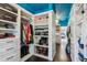 Spacious walk-in closet with custom shelving, hanging rods, and a unique blue ceiling for added elegance at 1140 River Laurel Dr, Suwanee, GA 30024