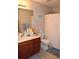Well-lit bathroom featuring a vanity with a sink and storage cabinets, complemented by a shower with a curtain at 2481 Southhaven Ln, Buford, GA 30519