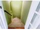 A staircase featuring carpeted steps and green painted walls at 240 Chandler Walk, Loganville, GA 30052