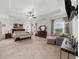 Spacious main bedroom suite features neutral tones, carpet, tray ceiling, fan and large windows at 4425 Martel Dr, Cumming, GA 30040