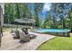Backyard with an above-ground pool, a patio with seating, and a green lawn at 2085 Castle Royale Dr, Lawrenceville, GA 30043