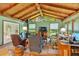 Sun-drenched living room with vaulted wood ceilings, a wood-burning stove, and ample seating at 4866 S Lilburn Stone Mountain Road Sw Rd, Lilburn, GA 30047