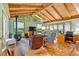 Inviting living room with vaulted wood ceilings, wood-burning stove, and large windows with backyard views at 4866 S Lilburn Stone Mountain Road Sw Rd, Lilburn, GA 30047