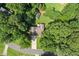 Aerial view of property showcasing mature trees, shed and landscaping at 15 Miners Pt Se, Acworth, GA 30102