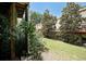 Backyard with trees, shrubbery, mulch, green grass, and a deck at 3692 Lambert Ne Ln, Brookhaven, GA 30319
