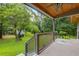 Cozy back porch with wood ceiling and railing overlooking a green lawn at 4847 Lakewood Dr, Acworth, GA 30101