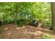 Secluded backyard featuring a wooden bench, lush trees, and natural ground cover for peaceful outdoor relaxation at 1192 Cleburne Ne Ave, Atlanta, GA 30307