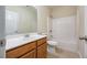 Functional bathroom featuring a vanity with sink, toilet, and shower-tub combination with tiled walls at 115 Dunlavin Dr, Acworth, GA 30102