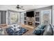 Comfortable living room with a brick fireplace, TV, shelves, and plenty of natural light at 201 Providence Dr, Dallas, GA 30157