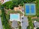 Aerial view of community amenities including a pool, playground, tennis courts, and parking at 5740 Zelkova Dr, Cumming, GA 30040