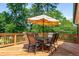 View of wood deck with patio furniture including an umbrella and seating for six with mature trees in the background at 7575 Hunters Woods W Dr, Atlanta, GA 30350
