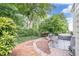 Landscaped backyard with a brick patio, inflatable hot tub, and wrought iron seating area at 86 Whitlock Sw Sq, Marietta, GA 30064