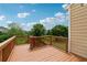 Wooden deck offers an outdoor seating area with views of the lawn and surrounding trees at 506 Spring View Dr, Woodstock, GA 30188