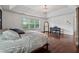Relaxing main bedroom with a window and dark wood floors under a tray ceiling at 236 Lakestone Pkwy, Woodstock, GA 30188