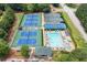 Aerial view of a community pool and tennis courts surrounded by lush greenery at 1345 Benbrooke Nw Ln, Acworth, GA 30101
