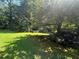 Backyard with mature trees providing shade and greenery, plus a small wooden structure at 975 Willeo Rd, Roswell, GA 30075