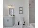 Bathroom featuring a sleek gray vanity, modern fixtures, and a tiled shower/tub at 701 Smith St, Atlanta, GA 30310