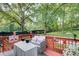 Back deck with wooden railings and a view into the wooded back yard at 2619 Old Toney Rd, Ellenwood, GA 30294