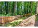 View of a backyard with a wooden fence and surrounded by many tall green trees at 1131 Hershey Dr, Marietta, GA 30062