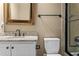 Elegant bathroom with granite countertop, decorative mirror, and modern fixtures at 55 Moray Pl, Covington, GA 30014