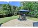 Serene backyard featuring a brick patio, outdoor dining set with an umbrella, and a neatly kept lawn at 127 Bradshaw Park Dr, Woodstock, GA 30188