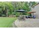 Relaxing backyard with a brick patio, outdoor seating under a large umbrella, and lush green grass at 127 Bradshaw Park Dr, Woodstock, GA 30188