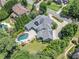 Aerial view of a beautiful gray house with lush landscaping, an in-ground pool, and a private backyard oasis at 3090 Creek Tree Lane, Cumming, GA 30041