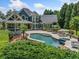 Aerial view of the backyard featuring a sparkling pool, patio, and lush landscaping, creating a private oasis at 3090 Creek Tree Lane, Cumming, GA 30041