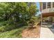 Spacious backyard with lush greenery, a covered patio, and trees at 4989 Woodfall Sw Dr, Lilburn, GA 30047