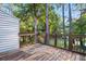 Wooden deck overlooks a lush backyard with mature trees, providing a private outdoor retreat at 102 Oak Pl, Villa Rica, GA 30180