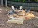 Outdoor fire pit area with stone patio, seating, and wood logs in backyard at 1280 Sanden Ferry Dr, Decatur, GA 30033
