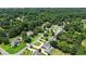 Wide aerial view showcasing a residential area with lush greenery, mature trees, and well-spaced homes with manicured lawns at 2845 Burgundy Dr, Cumming, GA 30041