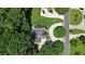 Aerial view looking straight down on a house with a circular driveway and lush landscaping in a wooded neighborhood at 2845 Burgundy Dr, Cumming, GA 30041
