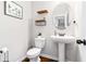 Stylish powder room features a pedestal sink, decorative mirror, and modern fixtures at 125 Atkins Ln, Fayetteville, GA 30215