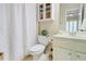 Bathroom with white cabinets, a toilet, a mirror, and a patterned shower curtain at 1160 Newpark View Pl # 8, Mableton, GA 30126
