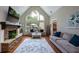 Inviting living room featuring a stone fireplace, large windows providing ample natural light, and comfortable seating at 700 Broadlands Ln, Powder Springs, GA 30127
